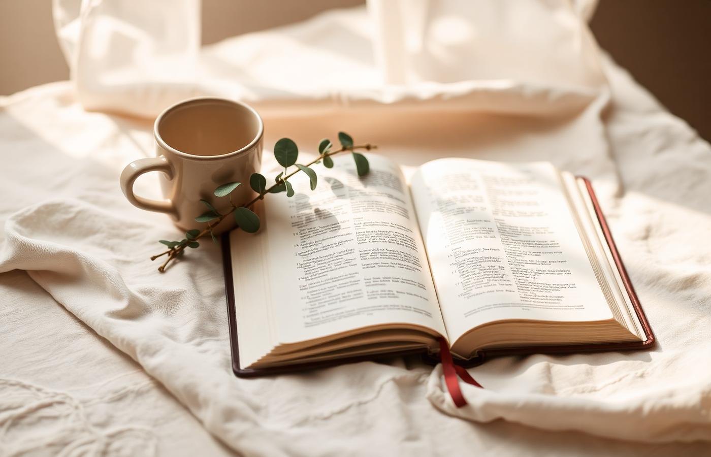 An open Bible beside a warm cup of coffee in morning light