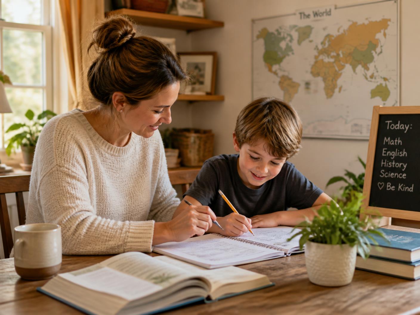 A parent guiding a child through a lesson at home