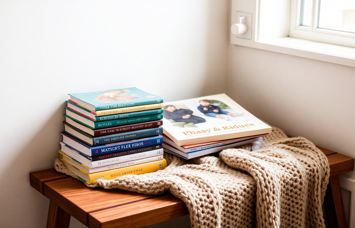 A child reading quietly beside a stack of books