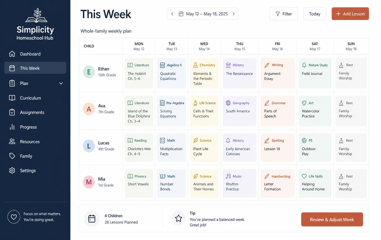 The Simplicity Homeschool Hub weekly planning dashboard