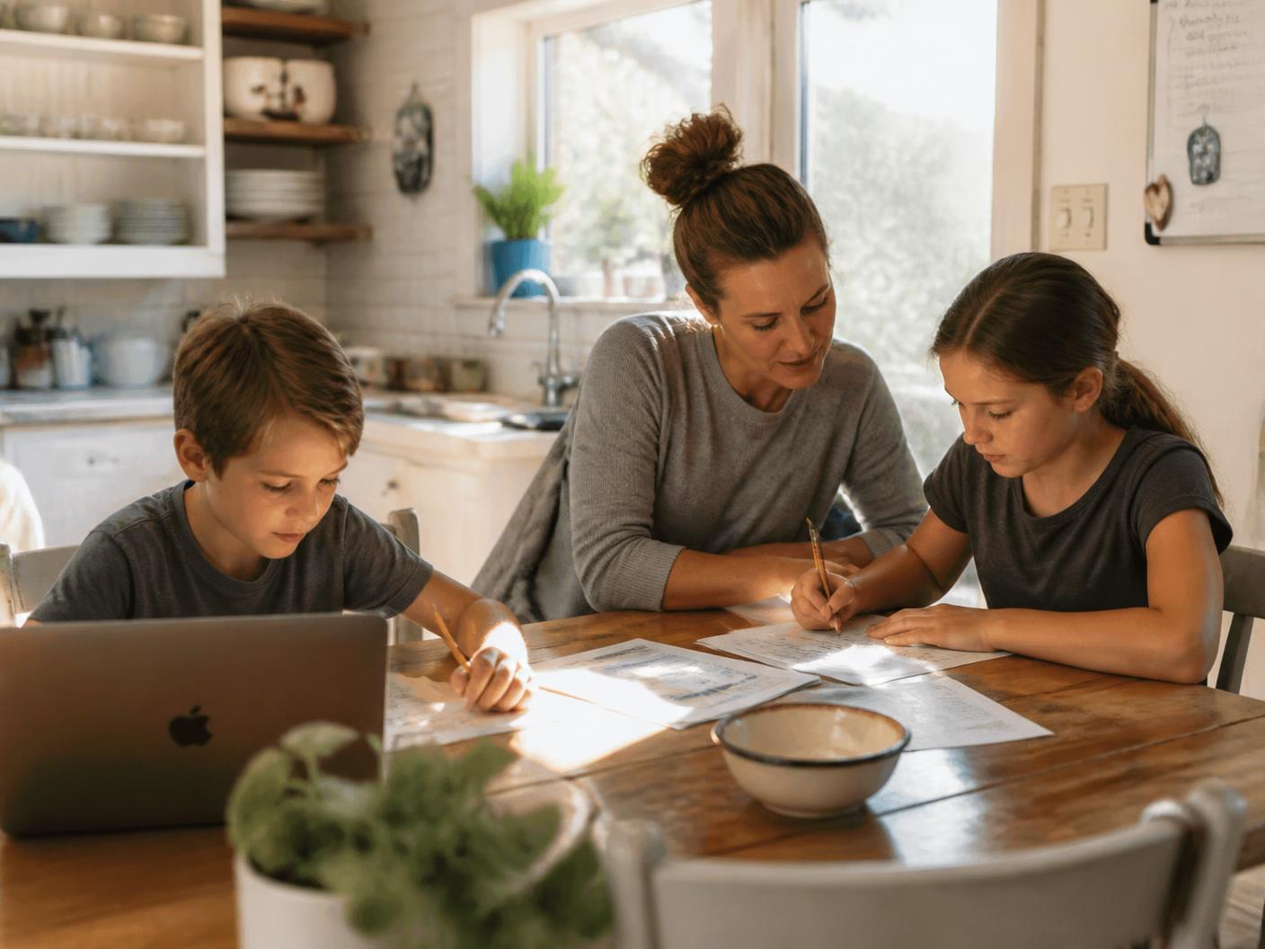 A calm homeschool table with learning materials and natural light