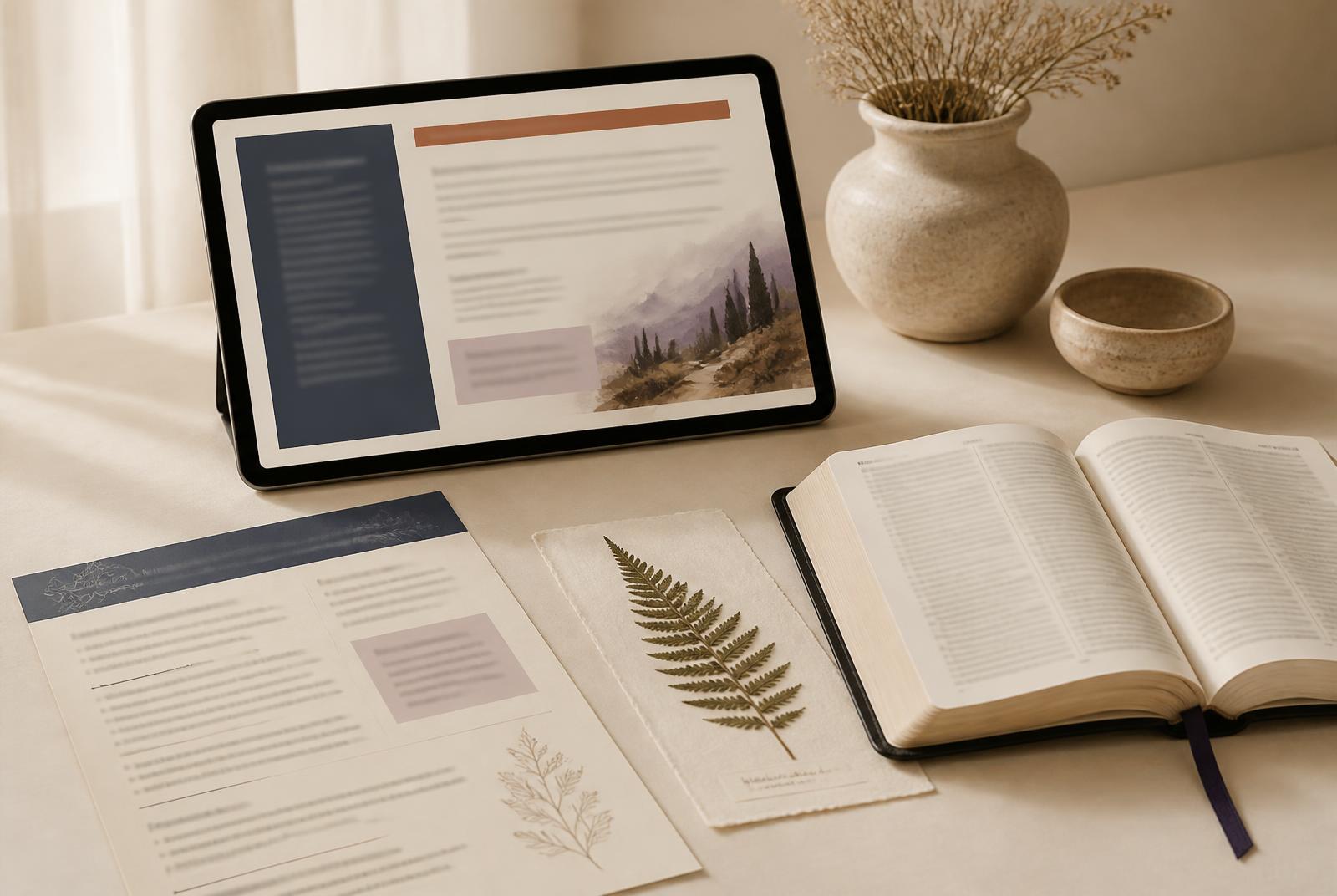 Digital family-study materials displayed with a Bible and nature-study elements