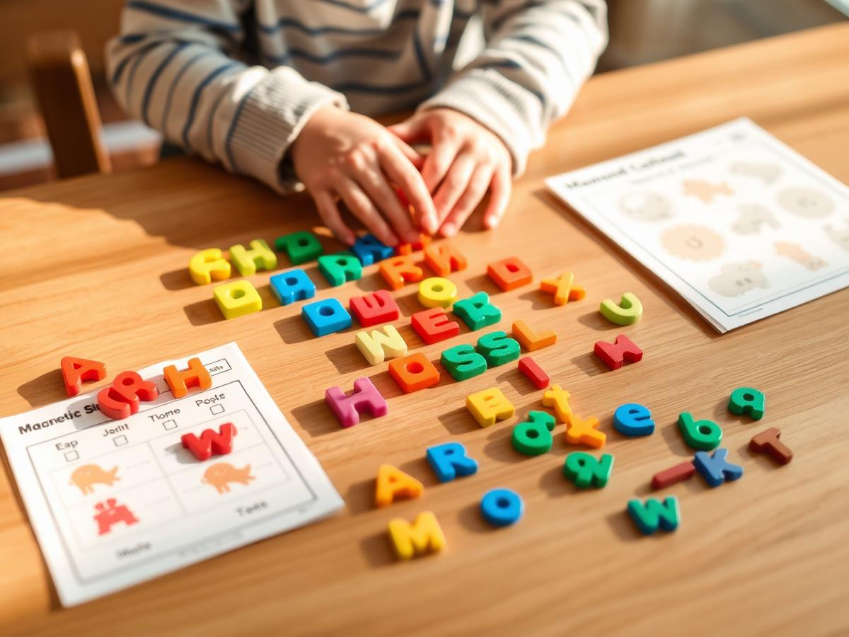A child's hands arranging magnetic letters and letter tiles on a wooden table