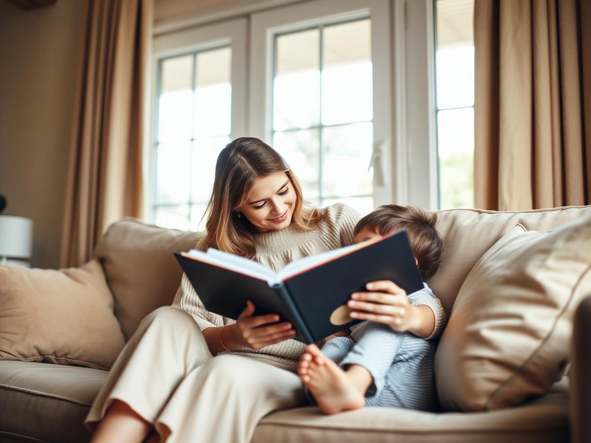 A parent reading a picture book beside her young child on a sofa